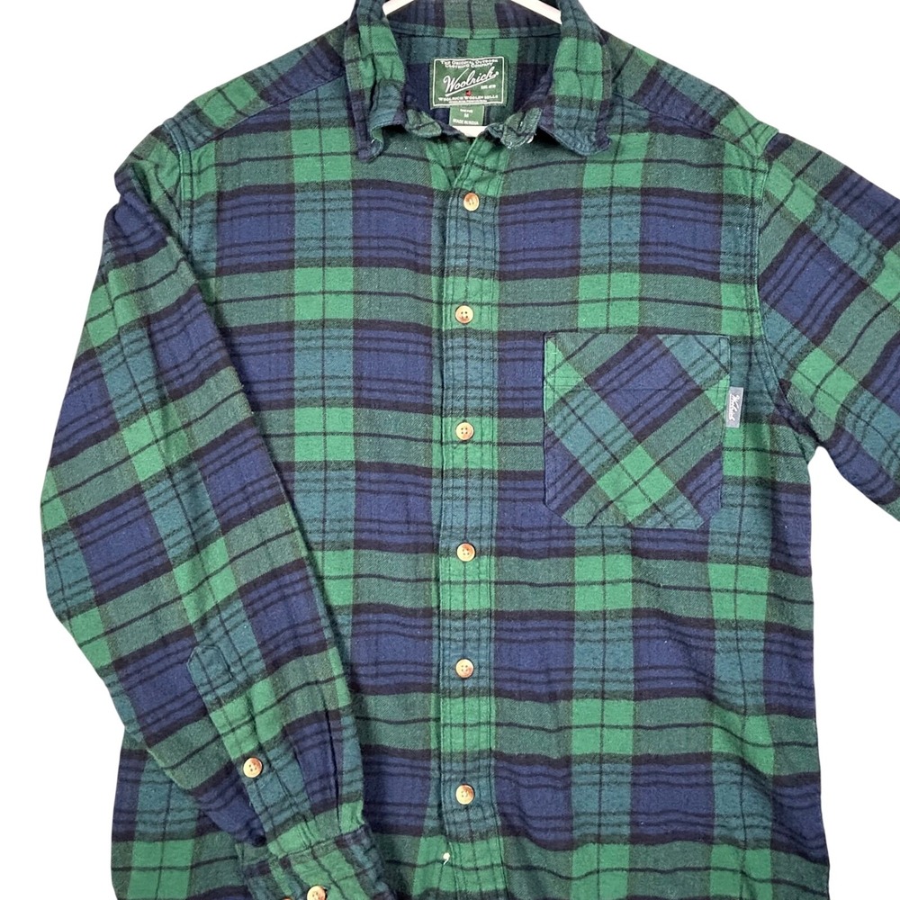 Woolrich Mens Plaid Flannel Long Sleeve Button‎ Up Shirt Green Blue Size M